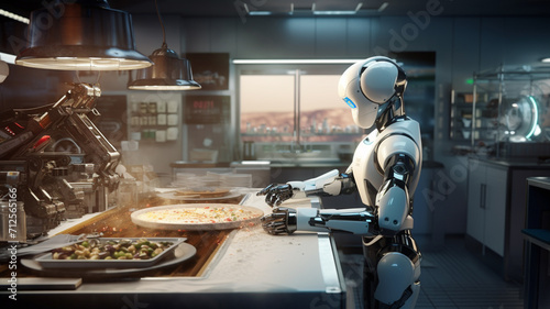 3d rendering humanoid robot cooking pizza in the kitchen at the restaurant generativa IA