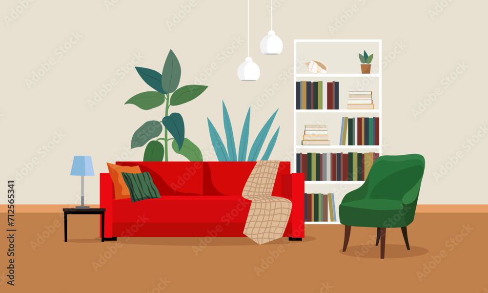 Living room interior with red sofa, bookcase and green chair. Vector flat illustration. Living room interior with red sofa, bookcase and green chair. Vector flat illustration.