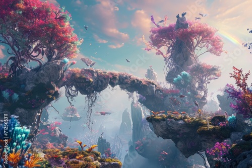  Breathtaking dream world with floating islands, rainbow bridges, and ethereal creatures, an awe-inspiring dreamscape featuring floating islands, rainbow bridges, and enchanting ethereal beings.