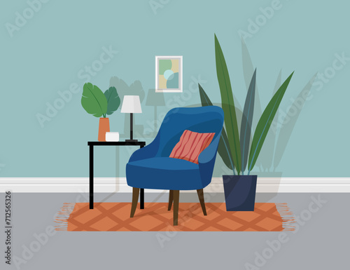 Living room interior with blue armchair, plant and floor lamp. Vector flat illustration.