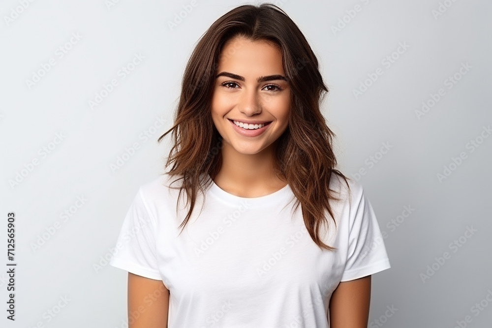 Happy woman with white shirt created with Generative AI Happy woman with white shirt created with Generative AI