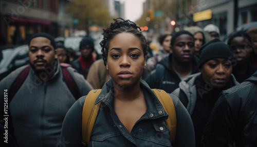 An earnest black woman at a protest march with other people in the background evoking a sense of seriousness