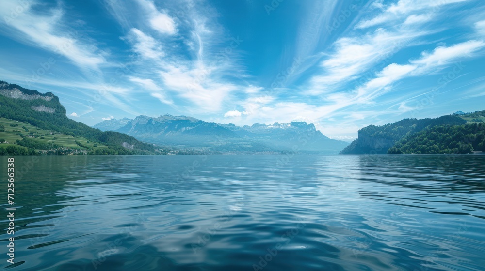  a body of water surrounded by mountains under a blue sky with wispy clouds and a few clouds in the sky.