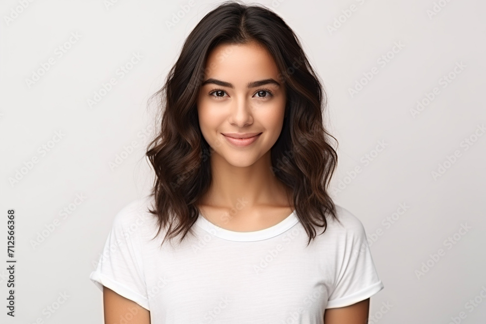 Happy woman with white shirt created with Generative AI Happy woman with white shirt created with Generative AI