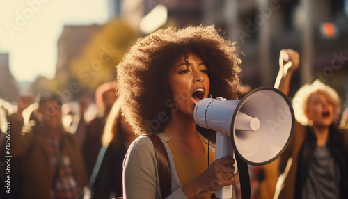 An earnest black woman shouting through a megaphone at a protest march evoking a sense of empowerment