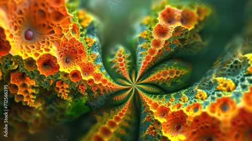  a close up view of a green and orange flower with lots of bubbles in the middle of the flower petals.