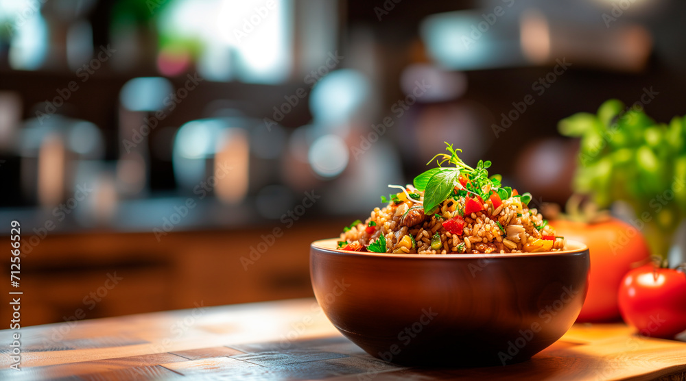 realistic photo of vegetarian dish served in a wooden ball on top of a kitchen table