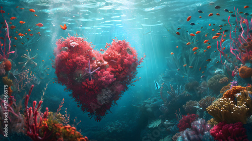 An ethereal underwater world of vibrant stony coral, graceful fish, and swaying seaweed creates a breathtaking display of marine life in this heart-shaped coral reef photo