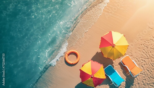 Top view of beach chairs and umbrella for summer vacation concept. photo