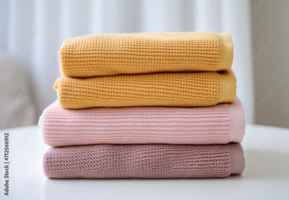 Stack of knitted sweaters on a white table in living room