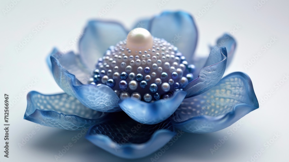 a close up of a blue flower with a pearl in it's center and a pearl in the center of the flower. a close up of a blue flower with a pearl in it's center and a pearl in the center of the flower.
