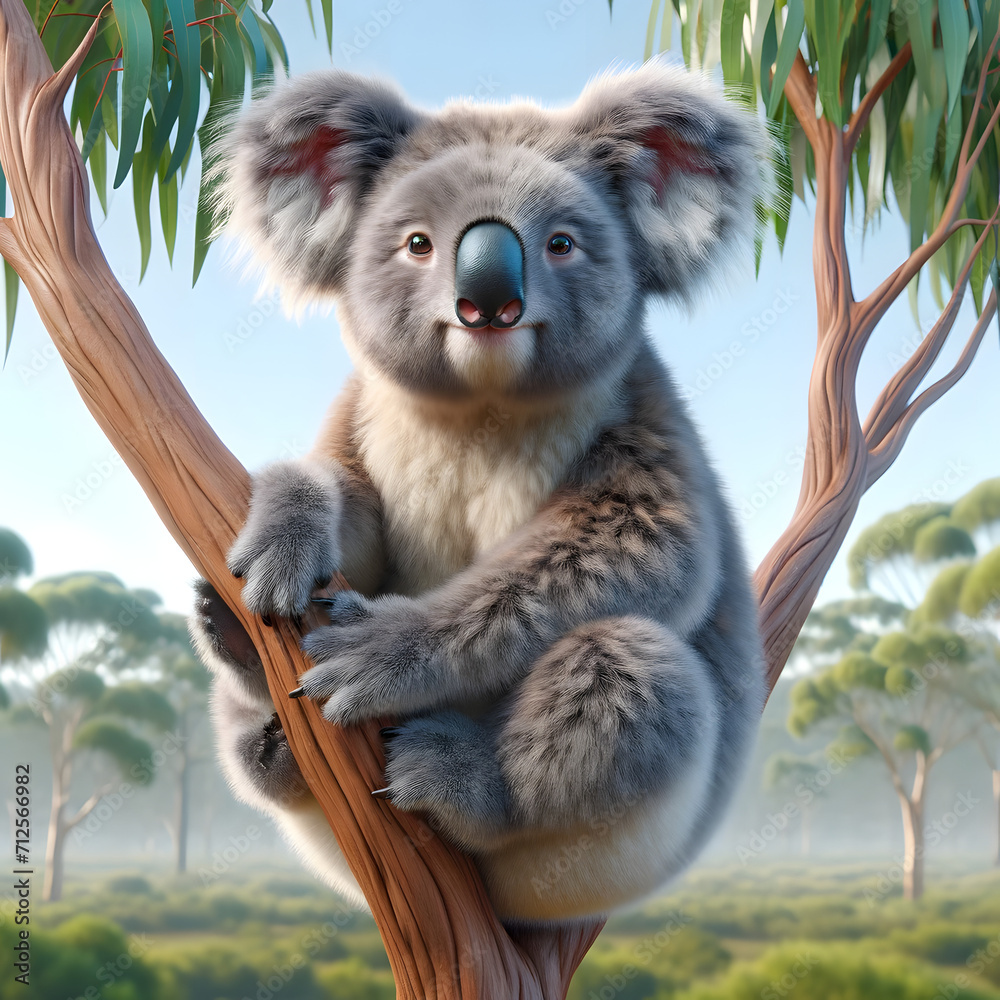 Obraz premium Serene koala in natural habitat: Australian bushland with eucalyptus tree