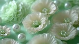  a group of white flowers sitting on top of a green table covered in pearls and other white and green flowers.