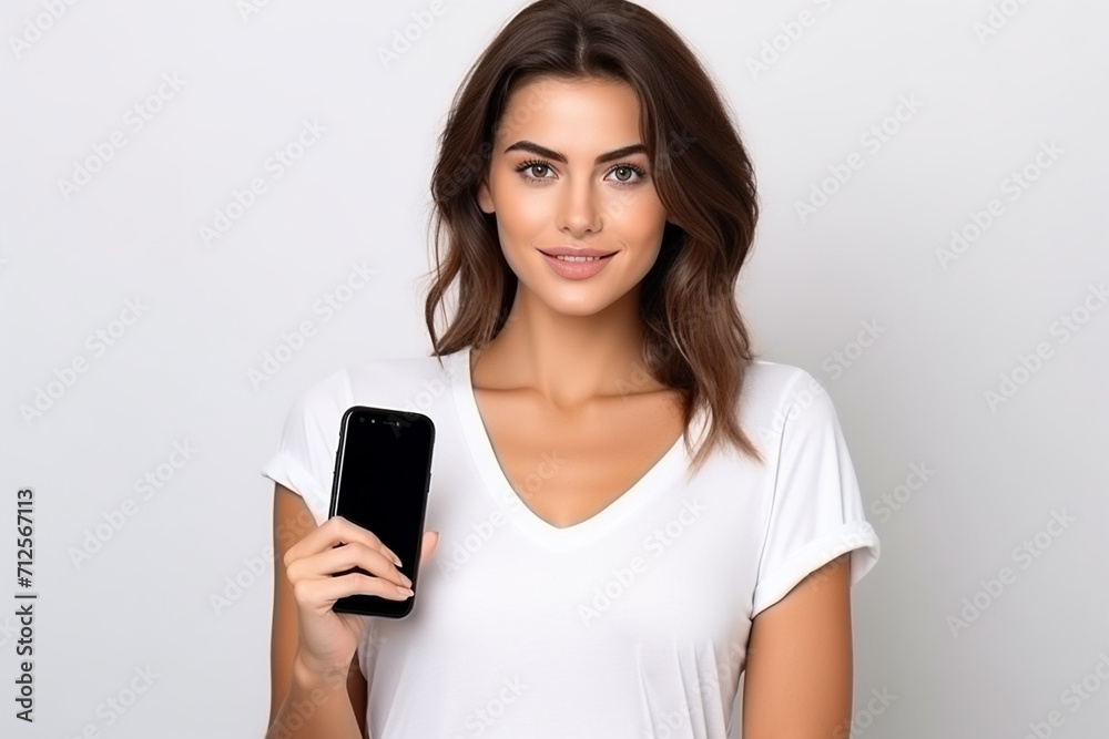 Happy woman with white shirt created with Generative AI Happy woman with white shirt created with Generative AI