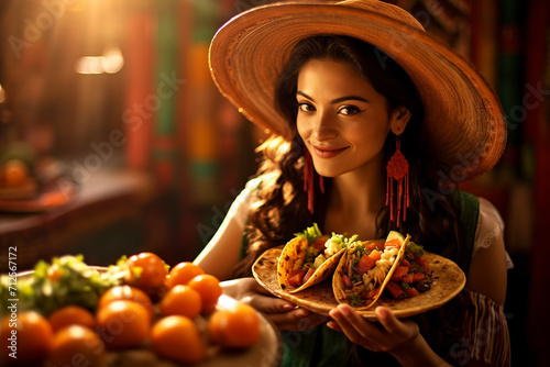 Mexican woman eating taccos 