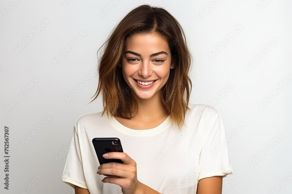 Happy woman with white shirt created with Generative AI Happy woman with white shirt created with Generative AI