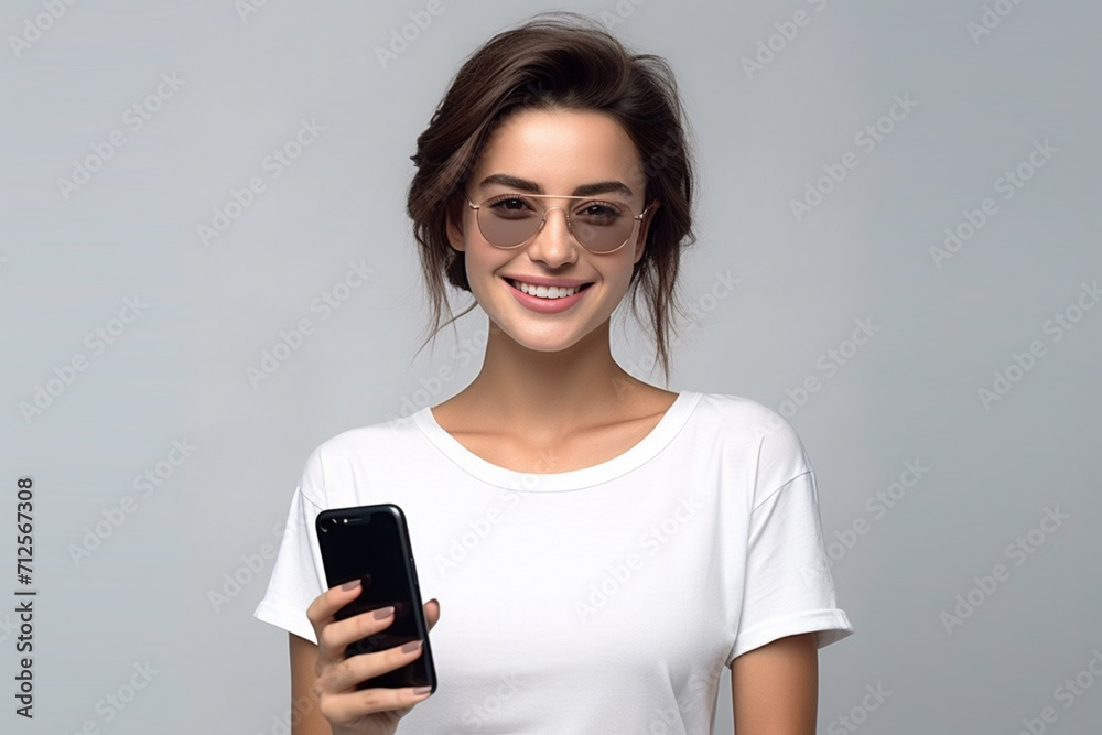 Happy woman with white shirt created with Generative AI Happy woman with white shirt created with Generative AI