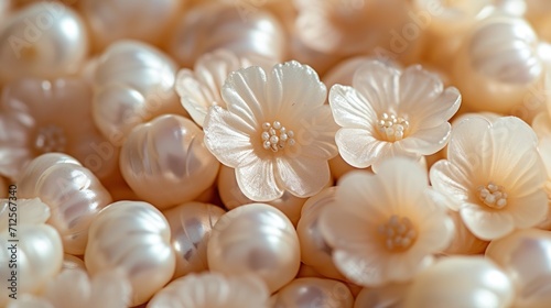  a close up of a bunch of pearls with flowers in the middle of the strand of pearls on the bottom of the strand.