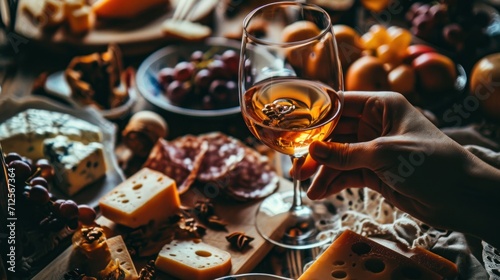  a person holding a glass of wine in front of a table full of cheeses, crackers, and grapes.