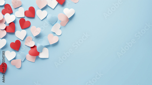 Romantic Valentines Day Background with Red and White Hearts on a Pastel Blue Flat Lay, Ideal for Greeting Cards, Celebrations, and Love-themed Designs - Copy Space Available for Personalized Messages