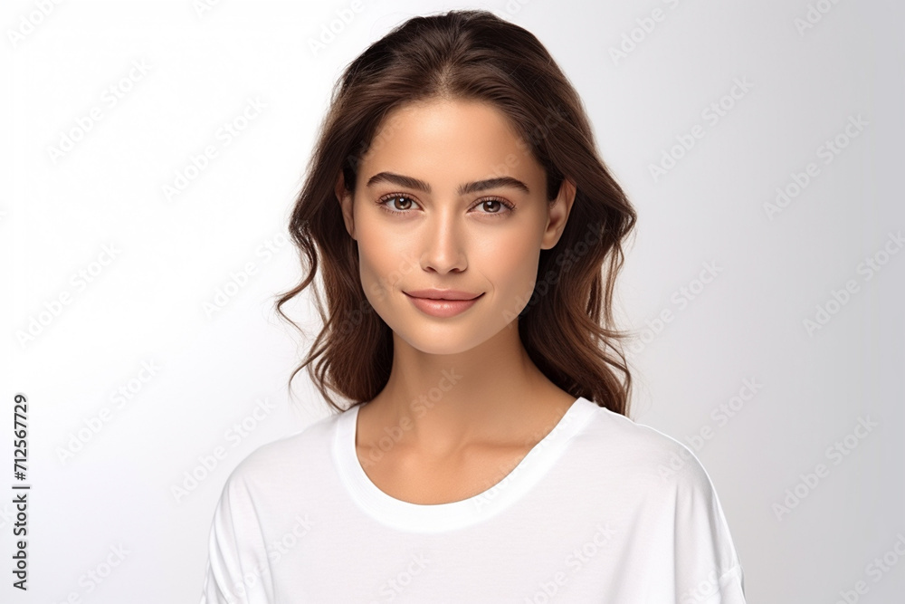Happy woman with white shirt created with Generative AI Happy woman with white shirt created with Generative AI