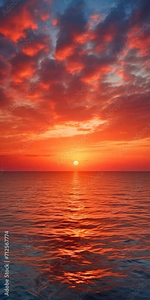 Fototapeta premium Sunrise over the ocean with vibrant orange and red clouds reflecting in the water, and with sun casting a golden path