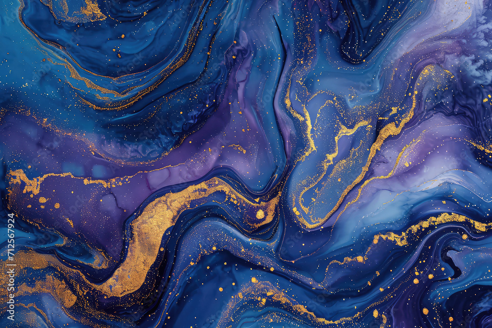 Blue and purple marble and gold abstract background texture. Indigo ocean blue marbling with natural luxury style swirls of marble and gold powder. - obrazy, fototapety, plakaty 