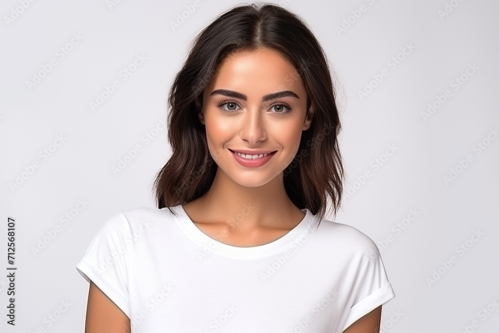 Happy woman with white shirt created with Generative AI Happy woman with white shirt created with Generative AI