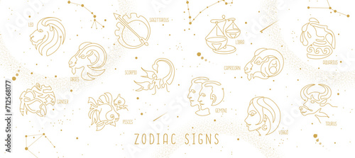 Modern magic witchcraft astrology background with zodiac constellations in the sky. Vector illustration