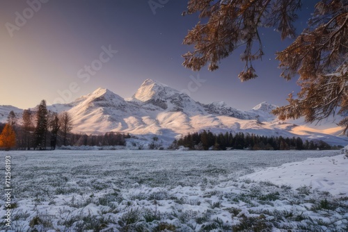 Winter Wonderland: A serene landscape with snow-covered mountains, icy rivers, and a snowy forest under a cold, blue sky