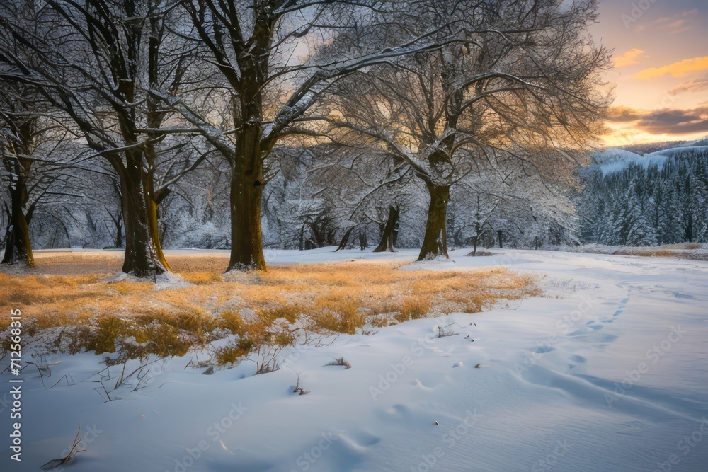 Winter Wonderland: Trees in the Snow Under a Sunset Sky Winter Wonderland: Trees in the Snow Under a Sunset Sky