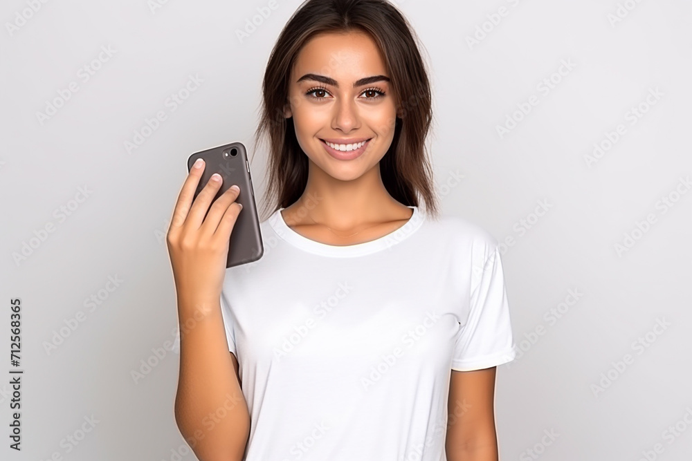 Happy woman with white shirt created with Generative AI Happy woman with white shirt created with Generative AI
