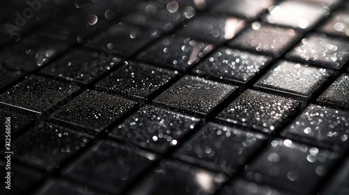  a black and white photo of raindrops on a glass mosaic tile wall with a black and white background.