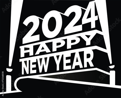 Happy new year 2024 greetings in 20th century fox style. Black. Volumetric letters, building and spotlights.  Vector illustration. 