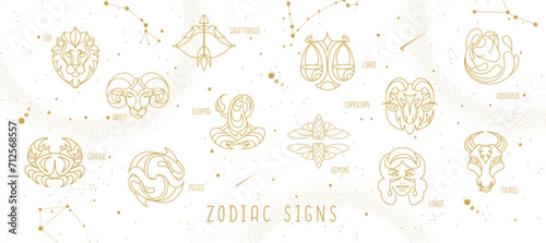 Modern magic witchcraft astrology background with zodiac constellations in the sky. Vector illustration