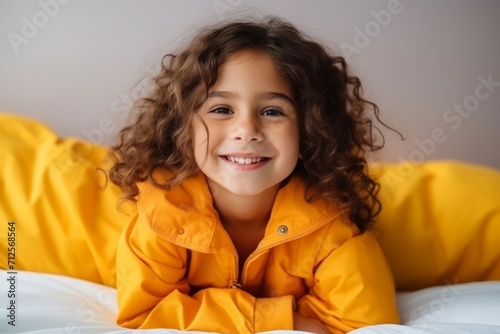 Little girl in a yellow raincoat lying on the bed at home