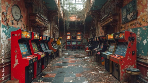vieilles bornes arcades des années 80 à l'abandon dans un entrepôt désaffecté © jp