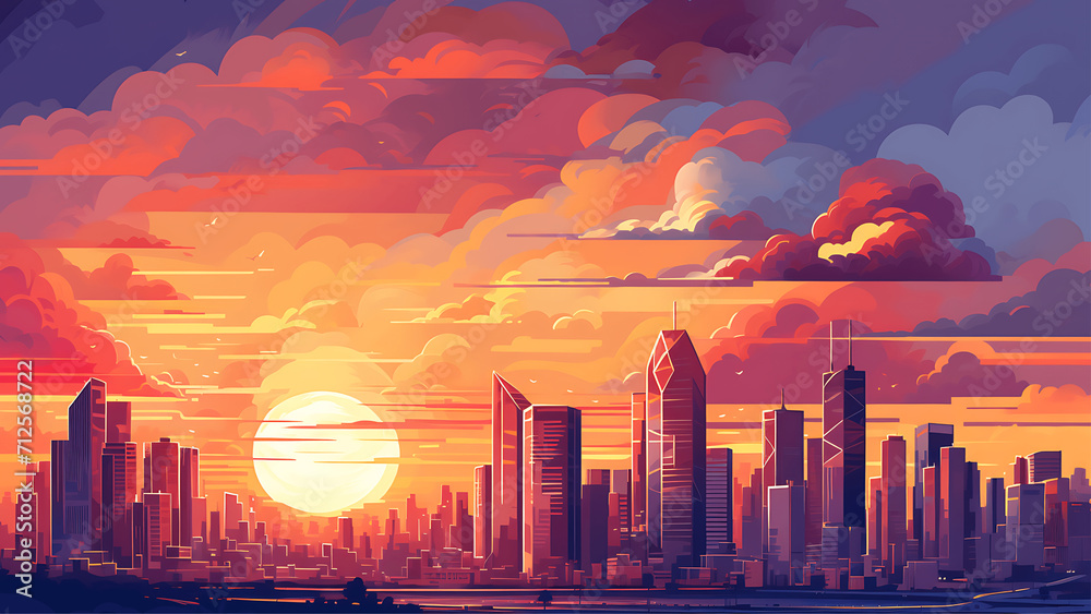 Sunset in the city. Skyline with skyscrapers. Vector illustration.