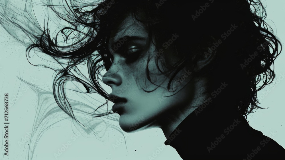 portrait homme avec ombre et cheveux long avec couleur dominante verte bleuté, idéal publicité parfum portrait homme avec ombre et cheveux long avec couleur dominante verte bleuté, idéal publicité parfum