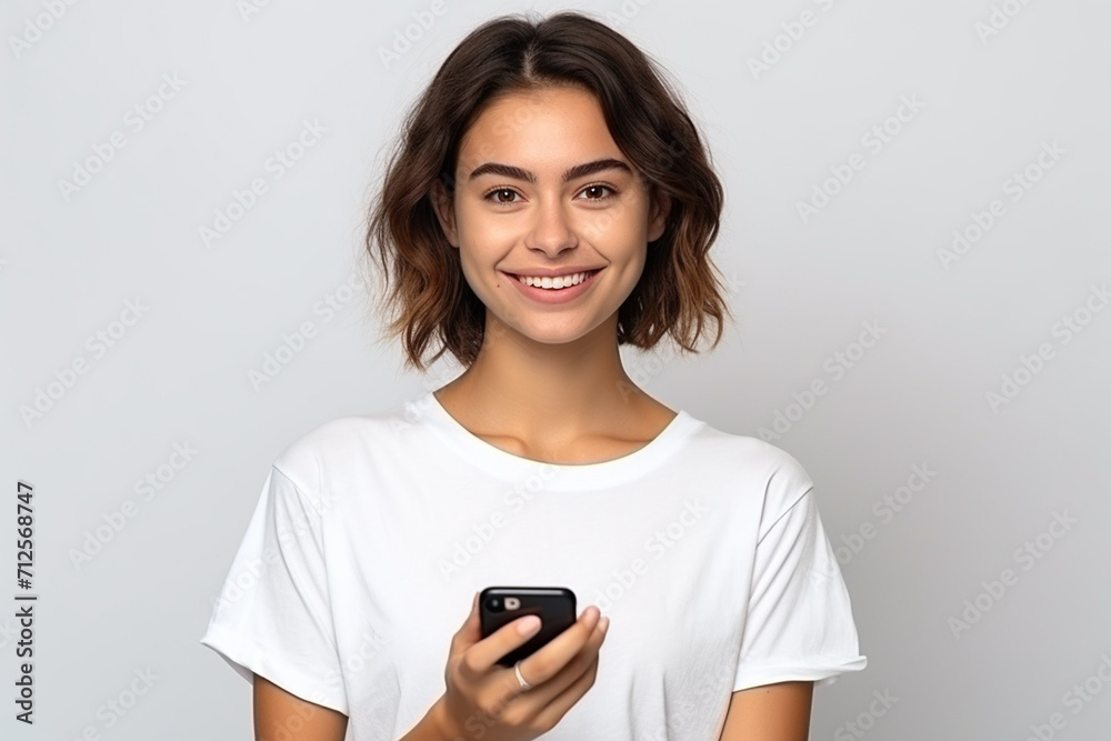 Happy woman with white shirt created with Generative AI Happy woman with white shirt created with Generative AI