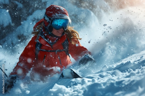 Intense Downhill Rush, A Skier in Vivid Red Tackles a Snow-Covered Slope During a Winter Sunset