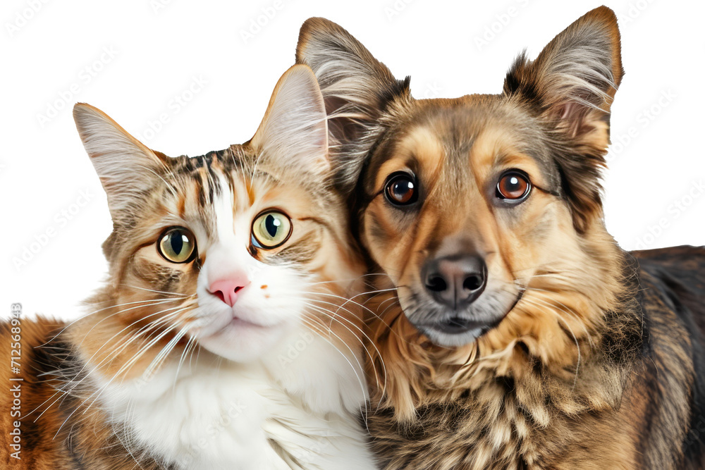 Joyful portrait of a dog and a cat looking at the camera together with happiness, cut out - stock png. Joyful portrait of a dog and a cat looking at the camera together with happiness, cut out - stock png.