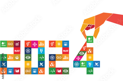 Sustainable Happy New Year 2024. Sustainable Development concept goals. Cover of business report 2024. Brochure design template, card, banner. Vector illustration.