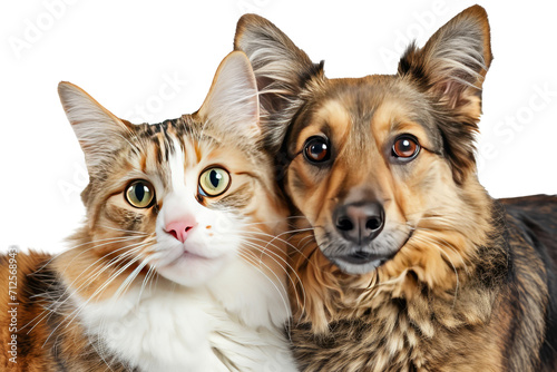 Joyful portrait of a dog and a cat looking at the camera together with happiness, cut out - stock png.