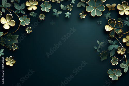 Card template with empty space for St. Patrick's Day with green four and clover on green background, with gold splashes for party invitation design. photo