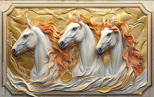 the three horses in the middle of the wall, and gold trim, in the style of hyperrealistic fantasy, organic flowing forms, metallic finishes, light beige and orange, opaque resin panels, elegant.