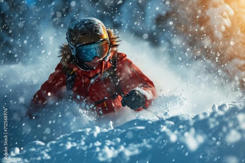 Intense Downhill Rush, A Skier in Vivid Red Tackles a Snow-Covered Slope During a Winter Sunset