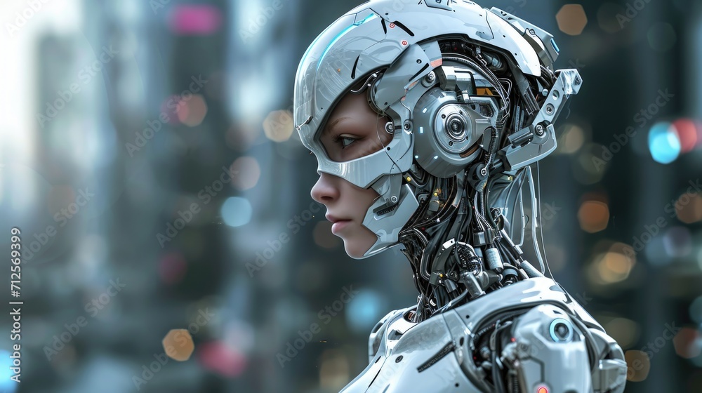 Fototapeta premium Cyborg woman on blurred background. Futuristic girl