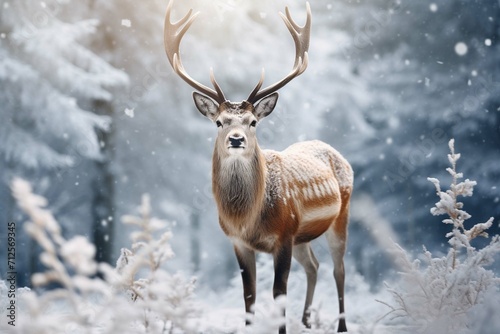 Noble deer male in winter snow forest. Artistic winter Christmas landscape.