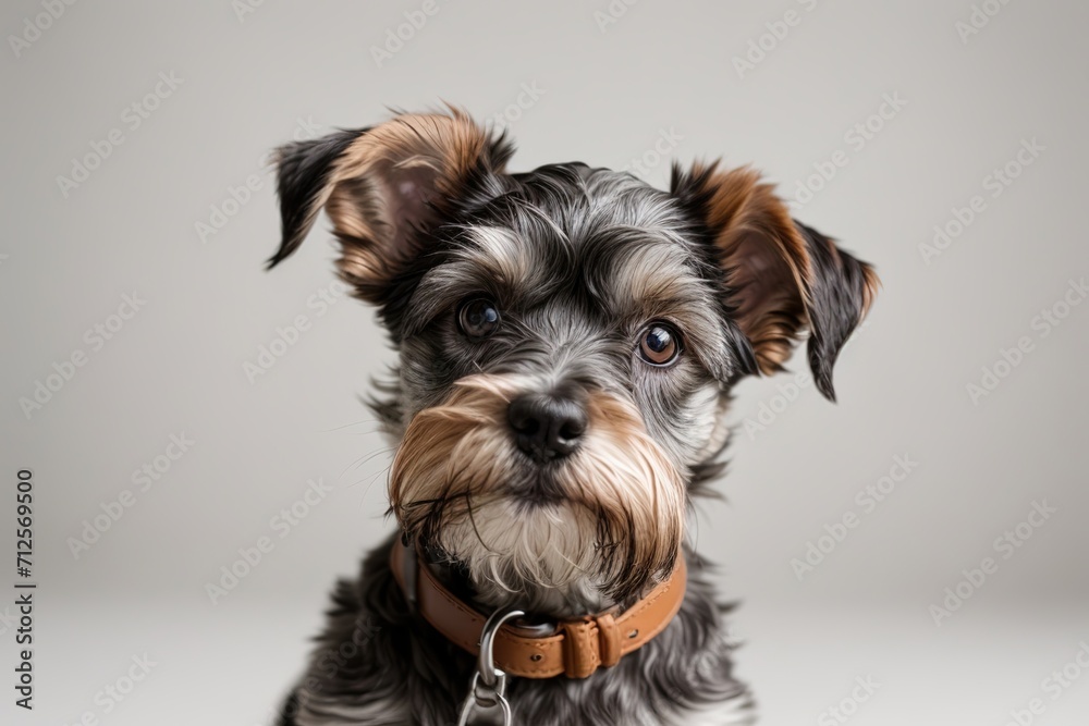 Rostro de perro Schnauzer mirando al frente, sobre fondo gris